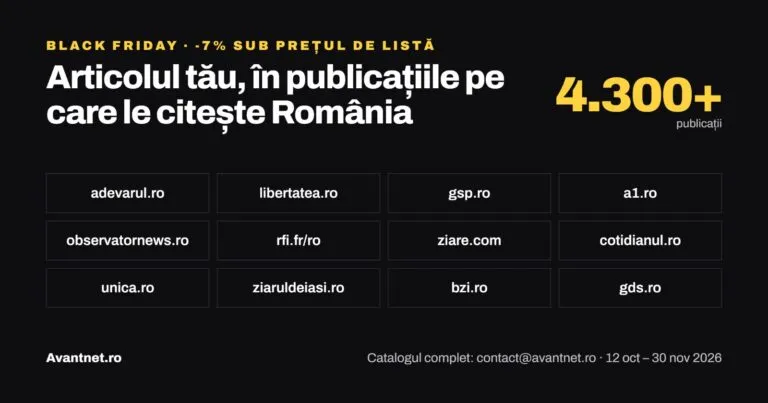Black Friday 2026: Avantnet.ro oferă magazinelor online articole sponsorizate cu 7% sub prețul de listă, pe peste 4.300 de publicații din România Avantnet.ro Black Friday: articole sponsorizate cu 7% sub prețul de listă